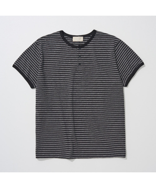 And Again（アンドアゲイン）の「スリムストライプヘンリーネックリンガーTシャツ（Tシャツ/カットソー・メンズ・ネイビー/ブラック×グレー/ブラック×ホワイト・FREE）」の2枚目の写真