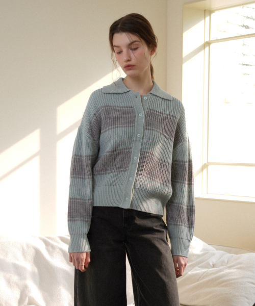 Wool Stripe Collar Knit Cardigan (mint)