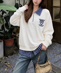 チェック柄シャツドッキング ポロ襟トップス