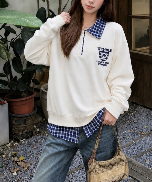 meJane（ミージェーン）の「チェック柄シャツドッキング ポロ襟トップス（ポロシャツ・レディース・ネイビー/オフホワイト/ワイン・FREE）」の2枚目の写真