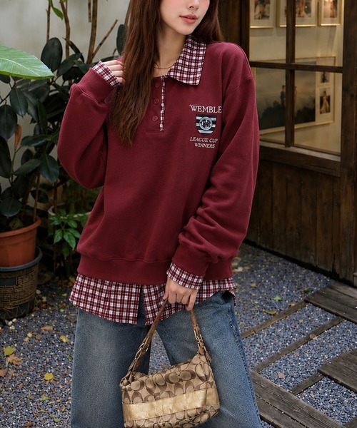 meJane（ミージェーン）の「チェック柄シャツドッキング ポロ襟トップス（ポロシャツ・レディース・ネイビー/オフホワイト/ワイン・FREE）」の15枚目の写真