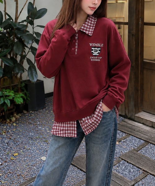 meJane（ミージェーン）の「チェック柄シャツドッキング ポロ襟トップス（ポロシャツ・レディース・ネイビー/オフホワイト/ワイン・FREE）」の16枚目の写真