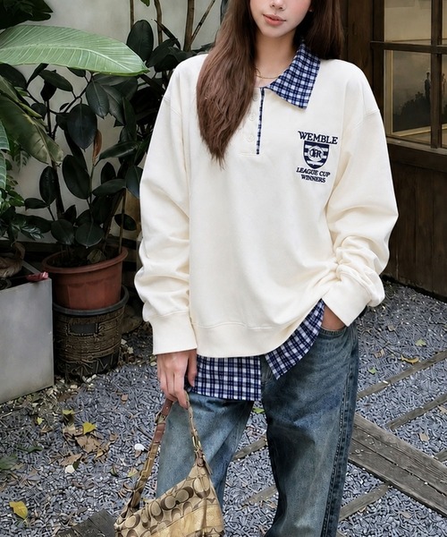 meJane（ミージェーン）の「チェック柄シャツドッキング ポロ襟トップス（ポロシャツ・レディース・ネイビー/オフホワイト/ワイン・FREE）」の4枚目の写真