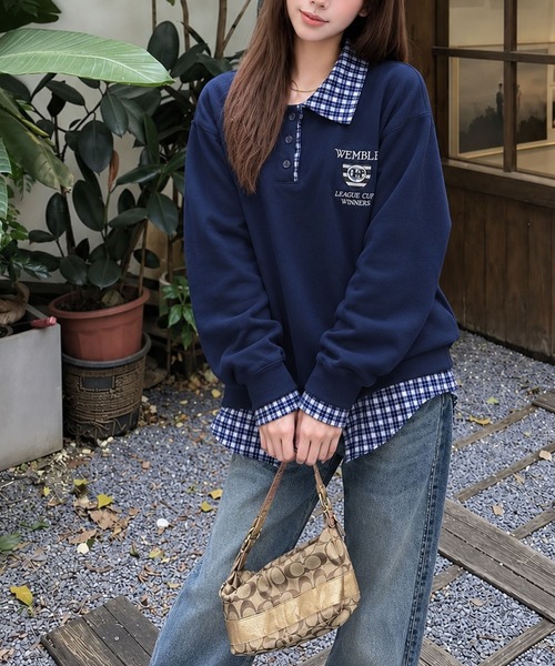 meJane（ミージェーン）の「チェック柄シャツドッキング ポロ襟トップス（ポロシャツ・レディース・ネイビー/オフホワイト/ワイン・FREE）」の8枚目の写真