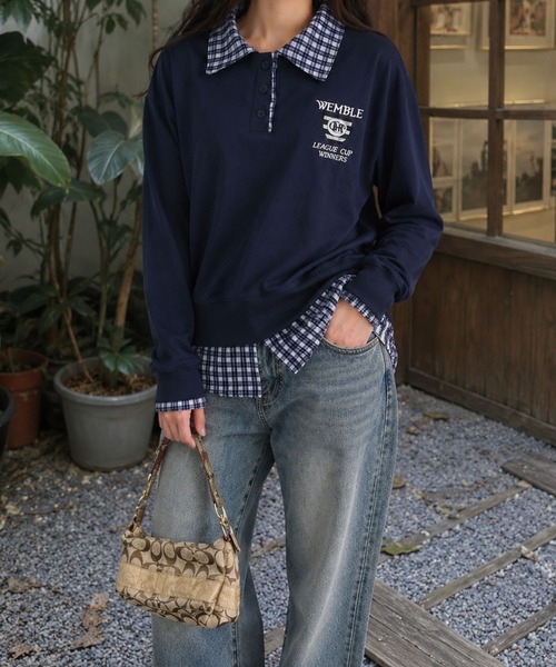 meJane（ミージェーン）の「チェック柄シャツドッキング ポロ襟トップス（ポロシャツ・レディース・ネイビー/オフホワイト/ワイン・FREE）」の10枚目の写真