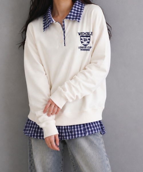 meJane（ミージェーン）の「チェック柄シャツドッキング ポロ襟トップス（ポロシャツ・レディース・ネイビー/オフホワイト/ワイン・FREE）」の6枚目の写真