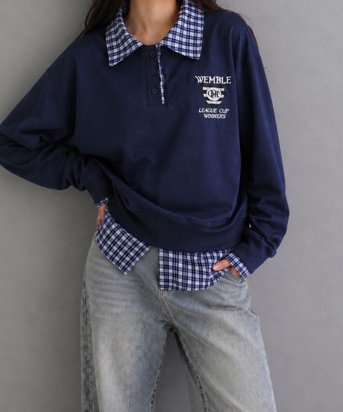 meJane（ミージェーン）の「チェック柄シャツドッキング ポロ襟トップス（ポロシャツ・レディース・ネイビー/オフホワイト/ワイン・FREE）」の11枚目の写真