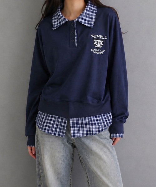 meJane（ミージェーン）の「チェック柄シャツドッキング ポロ襟トップス（ポロシャツ・レディース・ネイビー/オフホワイト/ワイン・FREE）」の12枚目の写真