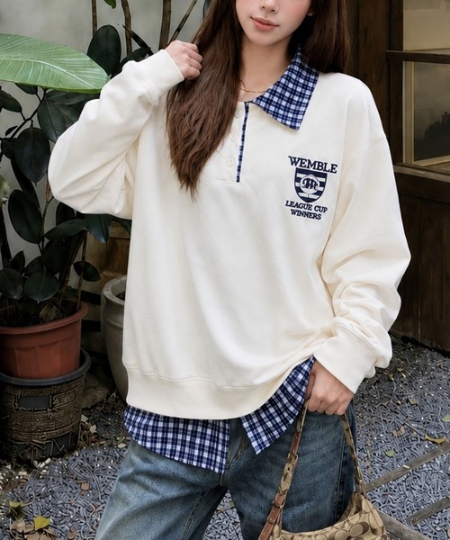 meJane（ミージェーン）の「チェック柄シャツドッキング ポロ襟トップス（ポロシャツ・レディース・ネイビー/オフホワイト/ワイン・FREE）」の5枚目の写真