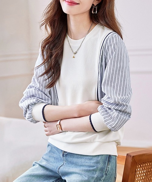ONEP STAR(ワンピスター)の「ストライプ切り替えレイヤード風長袖トップス(Tシャツ/カットソー・レディース・ホワイト・MEDIUM/X-LARGE/LARGE)」の2枚目の写真