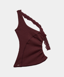 Lace One-Shoulder Shirring Top (Burgundy)