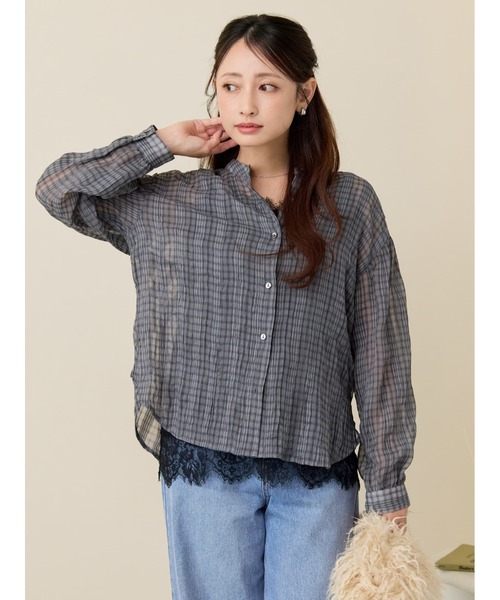 COHINA(コヒナ)の「シアーチェックシャツ 【低身長・小柄女性】(シャツ/ブラウス・レディース・チャコール/ライトベージュ/ブラウン・ONE SIZE)」の2枚目の写真