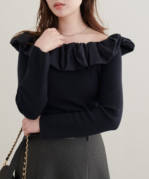 natural couture(ナチュラルクチュール)の「マルチWAYフリルニット(ニット/セーター・レディース・ネイビー/ブルー/アイボリー/ブラック・FREE)」の3枚目の写真