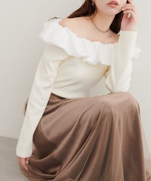 natural couture(ナチュラルクチュール)の「マルチWAYフリルニット(ニット/セーター・レディース・ネイビー/ブルー/アイボリー/ブラック・FREE)」の1枚目の写真