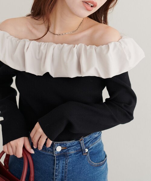 natural couture(ナチュラルクチュール)の「マルチWAYフリルニット(ニット/セーター・レディース・ネイビー/ブルー/アイボリー/ブラック・FREE)」の10枚目の写真