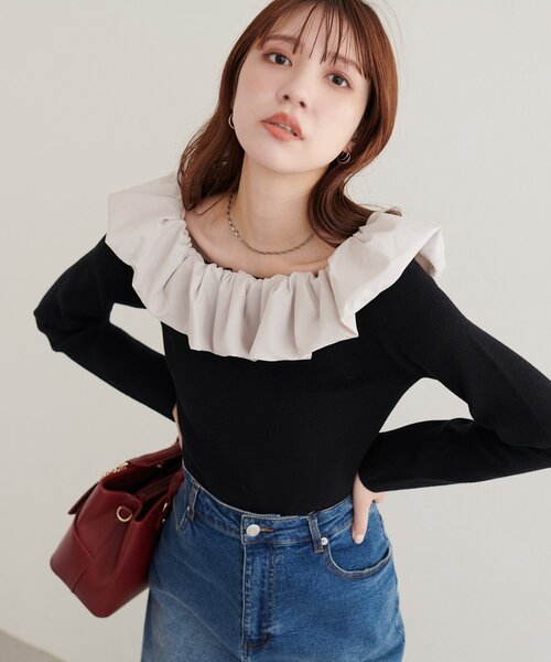 natural couture(ナチュラルクチュール)の「マルチWAYフリルニット(ニット/セーター・レディース・ネイビー/ブルー/アイボリー/ブラック・FREE)」の13枚目の写真