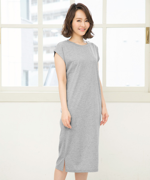 KOBE LETTUCE(コウベレタス)の「【汗ジミ防止・吸汗速乾】レンチスリーブストレートTシャツワンピース(ワンピース・レディース・オフホワイト/グレー/ベージュ/イエロー/ブラック・FREE)」の4枚目の写真