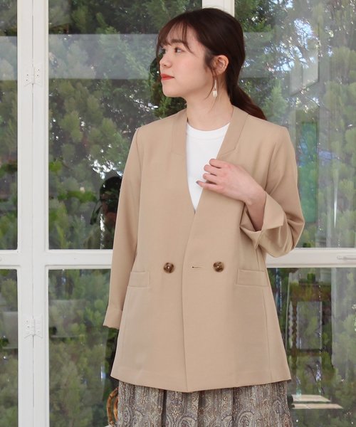 TRUDEA（トルディア）の「リネンライク　ノーカラージャケット（ノーカラージャケット・レディース・キャメル/ベージュ/カーキ・MEDIUM/LARGE）」の7枚目の写真