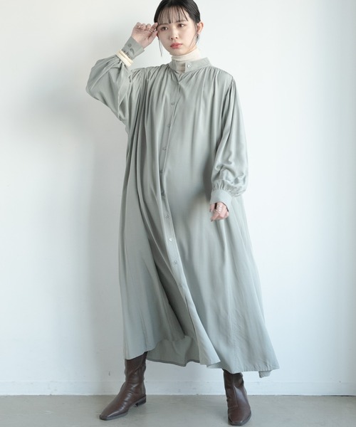 Aunt Marie's（アントマリーズ）の「AUNT MARIE'S バンドカラーボリュームロングシャツワンピース（ワンピース・レディース・ブラック/ベージュ/パープル/ライトグリーン・FREE）」の15枚目の写真