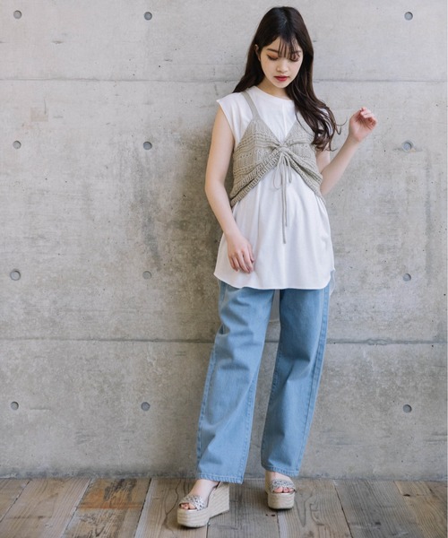 Mysa&Liina(ミーサリーナ)の「ドロストTシャツ×ビスチェセット(Tシャツ/カットソー・レディース・カーキ/ベージュ/ブラウン・M)」の4枚目の写真