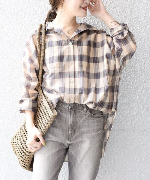 SHIPS(シップス)の「シアーチェックドルマンビッグシャツ◇(シャツ/ブラウス・レディース・ベージュ/ネイビー・ONE SIZE)」の6枚目の写真