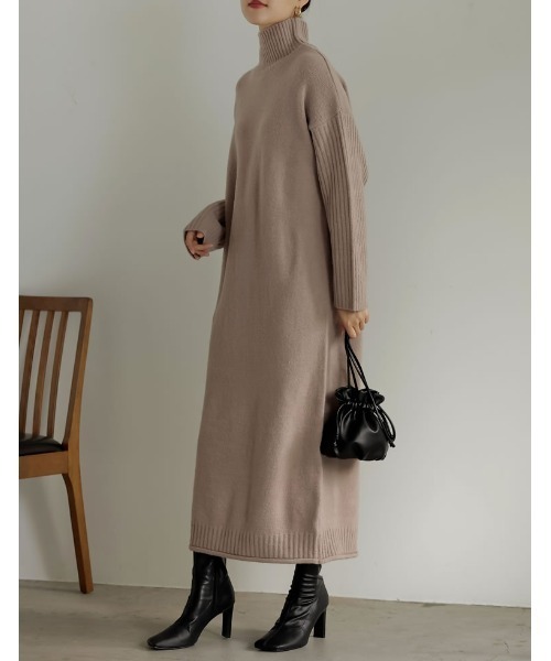 [低身長サイズ有][洗える]前後2WAYハイネック指穴マキシニットワンピース