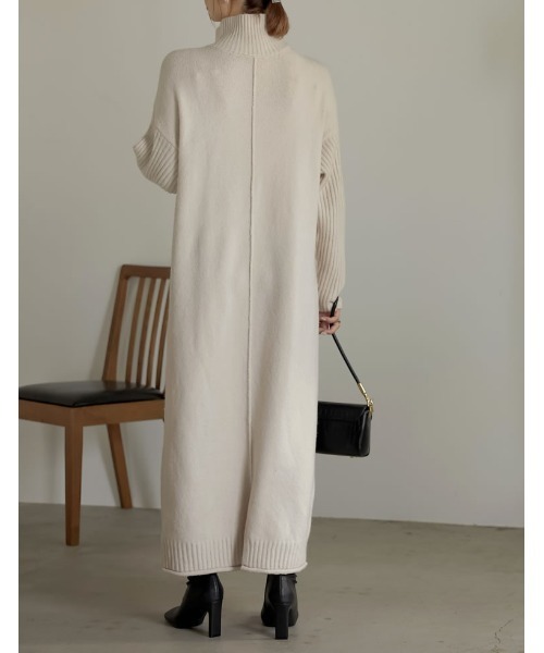 [低身長サイズ有][洗える]前後2WAYハイネック指穴マキシニットワンピース