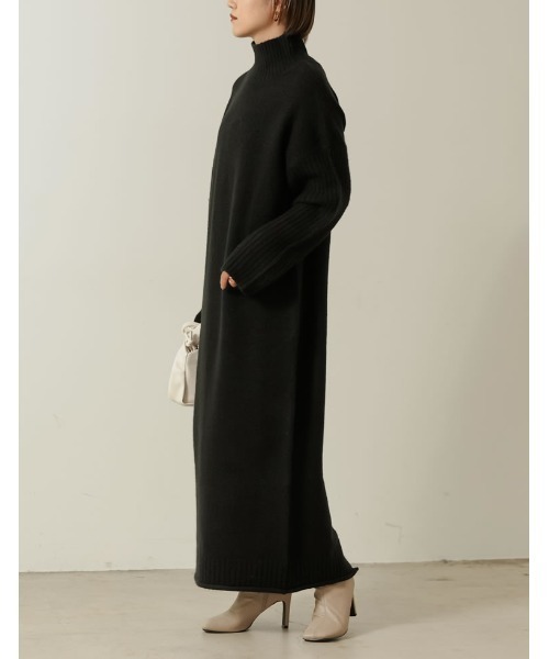 [低身長サイズ有][洗える]前後2WAYハイネック指穴マキシニットワンピース