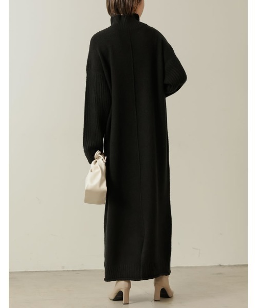 [低身長サイズ有][洗える]前後2WAYハイネック指穴マキシニットワンピース