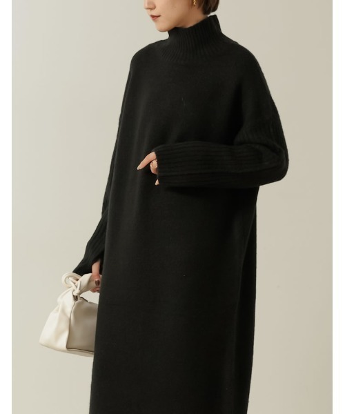 [低身長サイズ有][洗える]前後2WAYハイネック指穴マキシニットワンピース