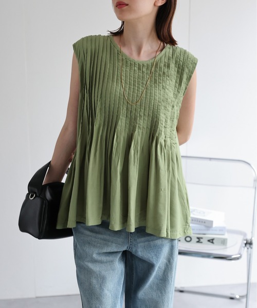 sakishimatokyo（サキシマトーキョー）の「【リネンブレンド】ピンタックノースリーブブラウス/綿麻（シャツ/ブラウス・レディース・ブラック/オフホワイト/ライトベージュ/グリーン/ホワイト・FREE）」の5枚目の写真