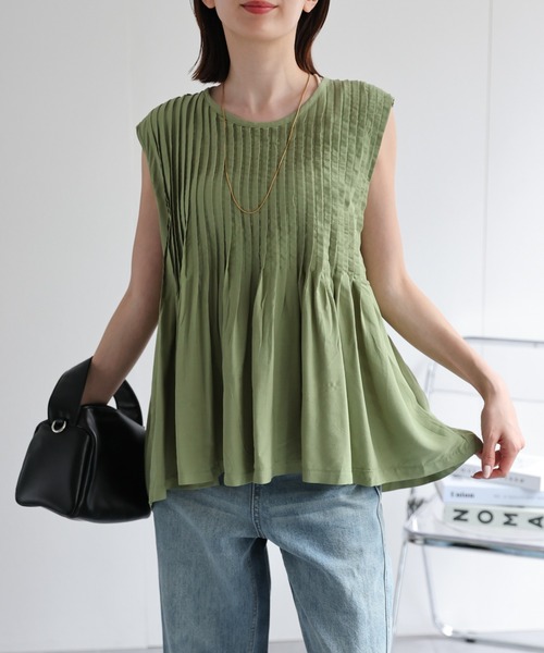 sakishimatokyo（サキシマトーキョー）の「【リネンブレンド】ピンタックノースリーブブラウス/綿麻（シャツ/ブラウス・レディース・ブラック/オフホワイト/ライトベージュ/グリーン/ホワイト・FREE）」の6枚目の写真