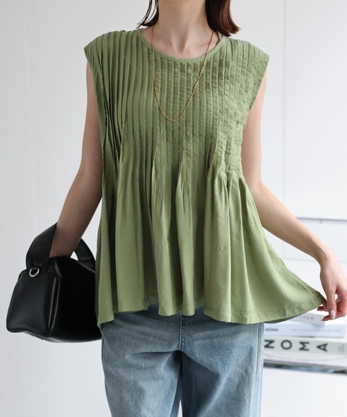 sakishimatokyo（サキシマトーキョー）の「【リネンブレンド】ピンタックノースリーブブラウス/綿麻（シャツ/ブラウス・レディース・ブラック/オフホワイト/ライトベージュ/グリーン/ホワイト・FREE）」の8枚目の写真