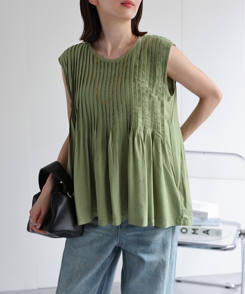 sakishimatokyo（サキシマトーキョー）の「【リネンブレンド】ピンタックノースリーブブラウス/綿麻（シャツ/ブラウス・レディース・ブラック/オフホワイト/ライトベージュ/グリーン/ホワイト・FREE）」の13枚目の写真