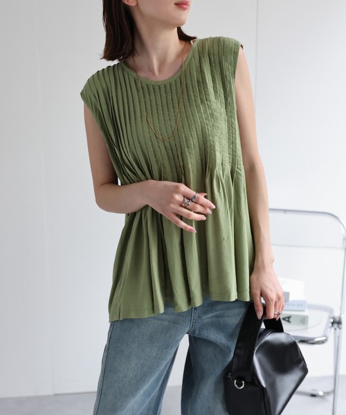 sakishimatokyo（サキシマトーキョー）の「【リネンブレンド】ピンタックノースリーブブラウス/綿麻（シャツ/ブラウス・レディース・ブラック/オフホワイト/ライトベージュ/グリーン/ホワイト・FREE）」の15枚目の写真