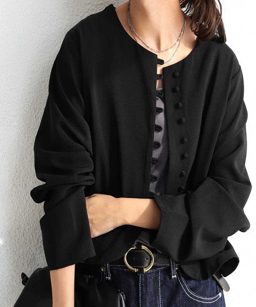 antiqua（アンティカ）の「ノーカラーショートジャケット（ノーカラージャケット・レディース・ブラック/ベージュ・FREE）」の4枚目の写真