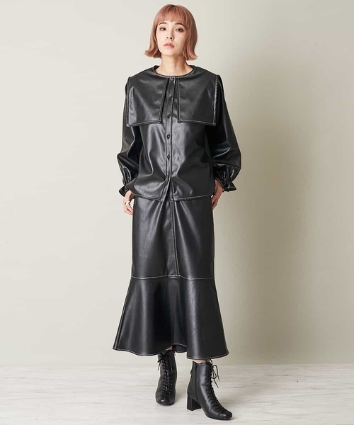 A de a.v.v（アードアー・ヴェ・ヴェ）の「（SET UP対応）配色ステッチマーメイドエコレザースカート（スカート・レディース・ブラック/ベージュ・38/36）」の4枚目の写真