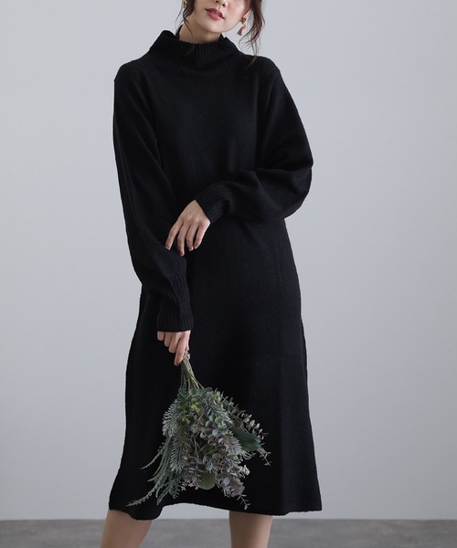 タートルネックフレアニットワンピース（ワンピース）｜ElegChic