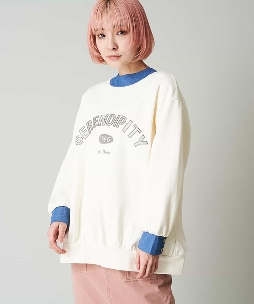 A de a.v.v（アードアー・ヴェ・ヴェ）の「（2WAY仕様）デニムドッキングカラッジ―刺繍ロゴスウェット（Tシャツ/カットソー・レディース・カーキ/アイボリー・38/36）」の7枚目の写真