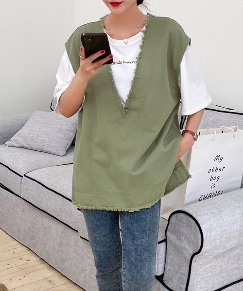 AsRiRe(アスリレイ)の「【AsRiRe】コットンフリンジ深Vベスト(ベスト・レディース・アイボリー/ブラック/カーキ・M)」の3枚目の写真