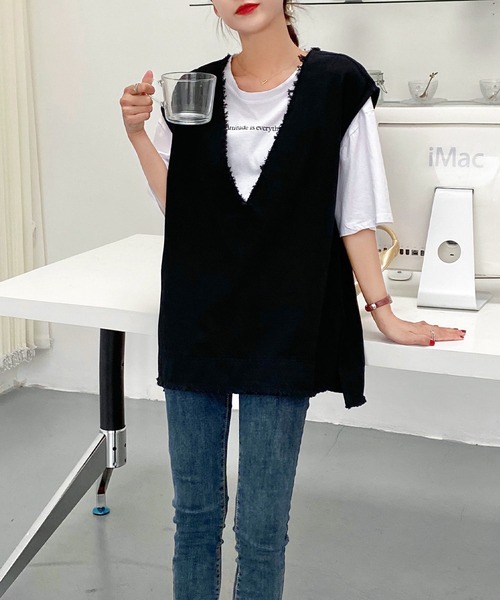 AsRiRe(アスリレイ)の「【AsRiRe】コットンフリンジ深Vベスト(ベスト・レディース・アイボリー/ブラック/カーキ・M)」の5枚目の写真