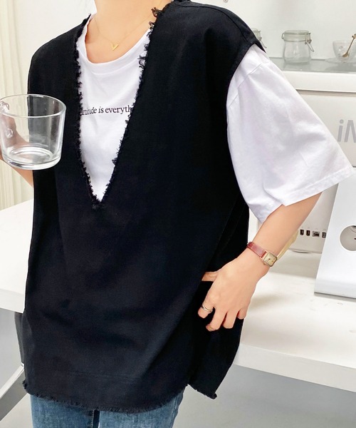 AsRiRe(アスリレイ)の「【AsRiRe】コットンフリンジ深Vベスト(ベスト・レディース・アイボリー/ブラック/カーキ・M)」の8枚目の写真