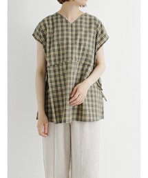 Samansa Mos2 blue | ウエストドロストチェックブラウス(シャツ/ブラウス)