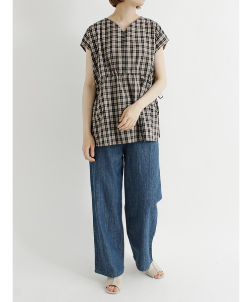 Samansa Mos2 blue（サマンサモスモスブルー）の「ウエストドロストチェックブラウス（シャツ/ブラウス・レディース・ベージュ/カーキ/サックスブルー・ﾌﾘ-）」の8枚目の写真