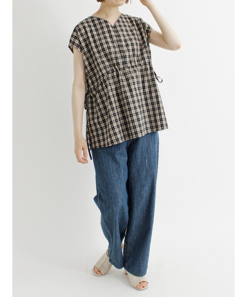 Samansa Mos2 blue（サマンサモスモスブルー）の「ウエストドロストチェックブラウス（シャツ/ブラウス・レディース・ベージュ/カーキ/サックスブルー・ﾌﾘ-）」の9枚目の写真