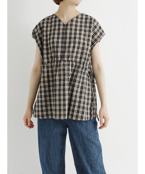 Samansa Mos2 blue（サマンサモスモスブルー）の「ウエストドロストチェックブラウス（シャツ/ブラウス・レディース・ベージュ/カーキ/サックスブルー・ﾌﾘ-）」の10枚目の写真