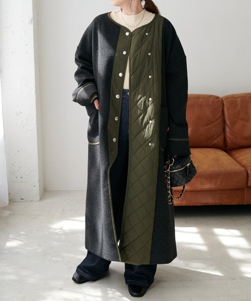 DISCOAT（ディスコート）の「異素材切替キルティングコート（ノーカラーコート・レディース・ブラック/カーキ・FREE）」の12枚目の写真