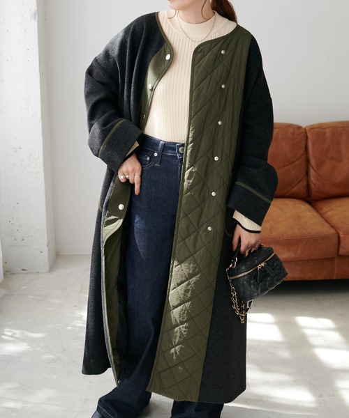 DISCOAT（ディスコート）の「異素材切替キルティングコート（ノーカラーコート・レディース・ブラック/カーキ・FREE）」の16枚目の写真