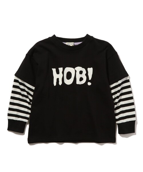 SHOO・LA・RUE(シューラルー)の「◆【100-130cm】袖ボーダーレイヤードプルオーバー(スウェット・キッズ・パープル系/ブラック・13/11/12/10)」の1枚目の写真