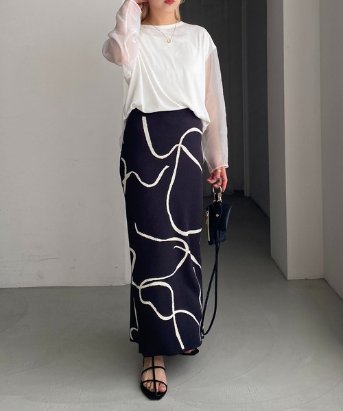 CAPRICIEUX LE'MAGE（カプリシューレマージュ）の「ラインジャガードスカート（スカート・レディース・チャコールグレー/ベージュ・FREE）」の6枚目の写真